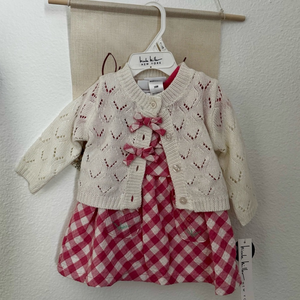 NWT 3-6 months pink gingham dress white cardigan